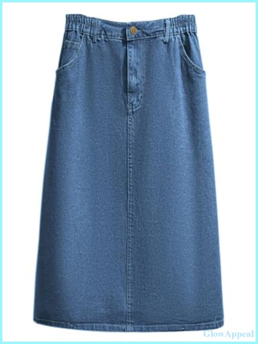 A-Line Midi Denim Skirt Elastic High Waist Pockets Work Casual